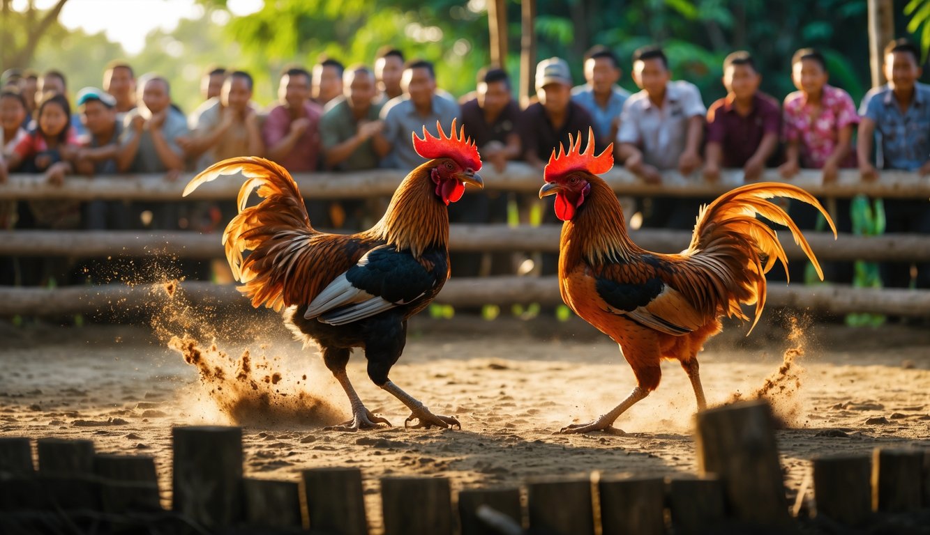Dua ayam jago sedang bertarung di arena terbuka dengan penonton yang memperhatikan dari pinggir.
