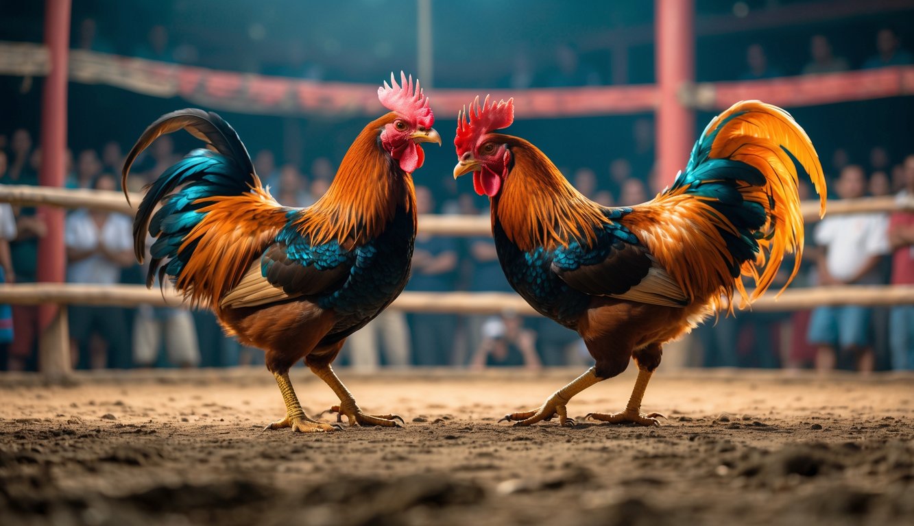 Dua ayam petarung yang kuat sedang bersiap bertarung di arena sabung ayam dengan penonton di latar belakang.