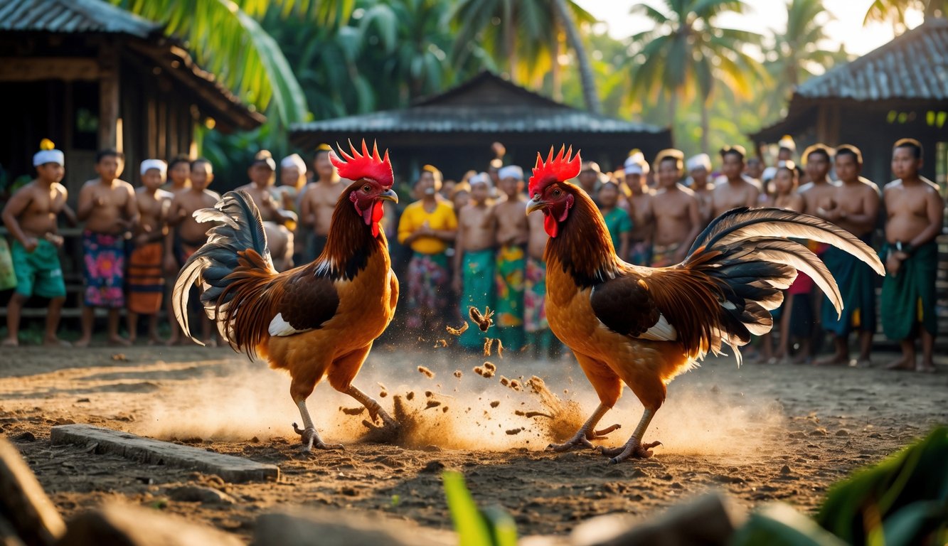 Dua ayam jago sedang bertarung di arena tradisional dengan penonton mengenakan pakaian adat Nusantara di latar belakang.