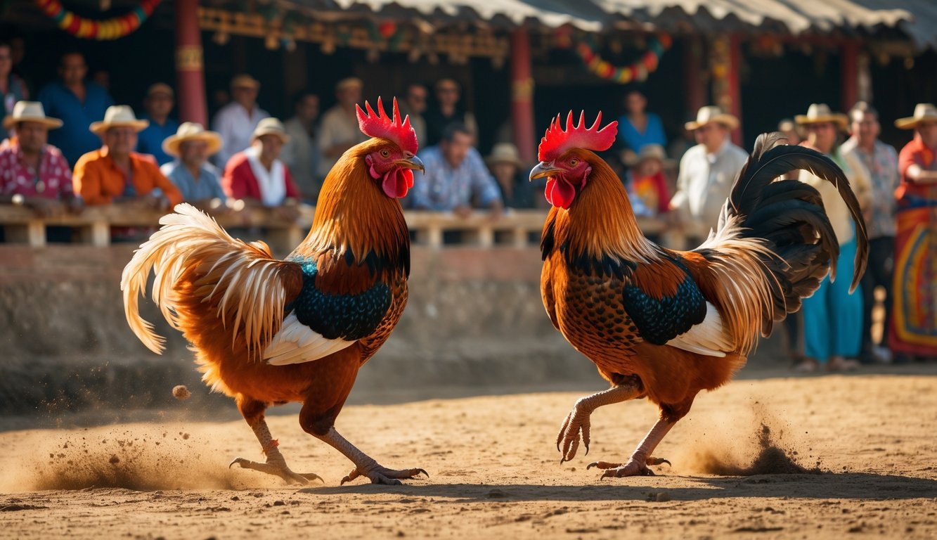 Dua ayam jago sedang bertarung di arena sabung ayam dengan penonton di sekitarnya.