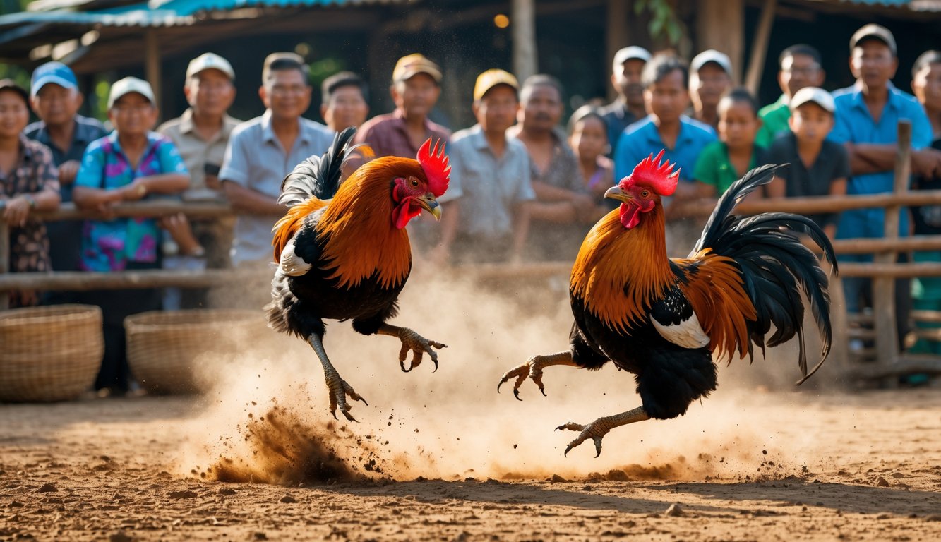 Dua ayam jago sedang bertarung di arena terbuka dengan penonton mengamati di sekelilingnya.