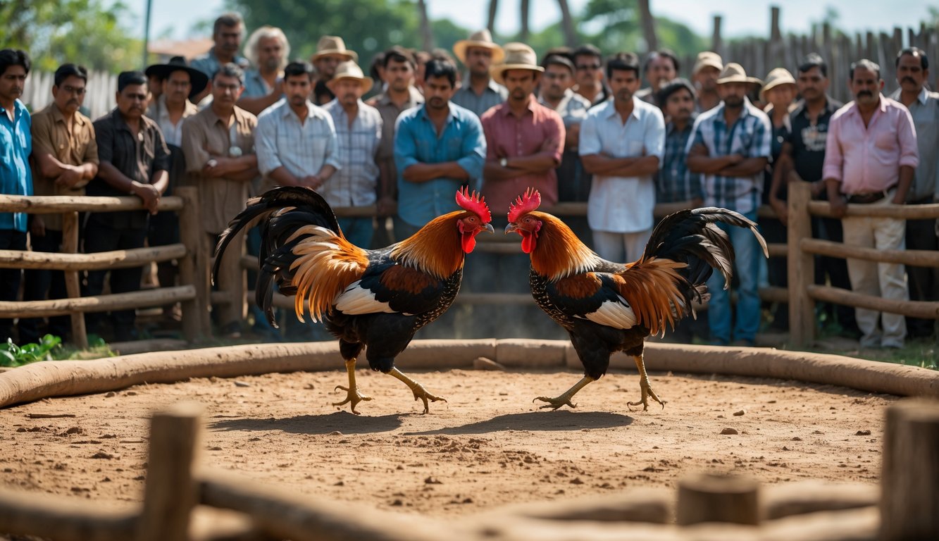 Dua ayam jago sedang bertarung di arena melingkar dengan sekelompok penonton yang memperhatikan dengan serius.
