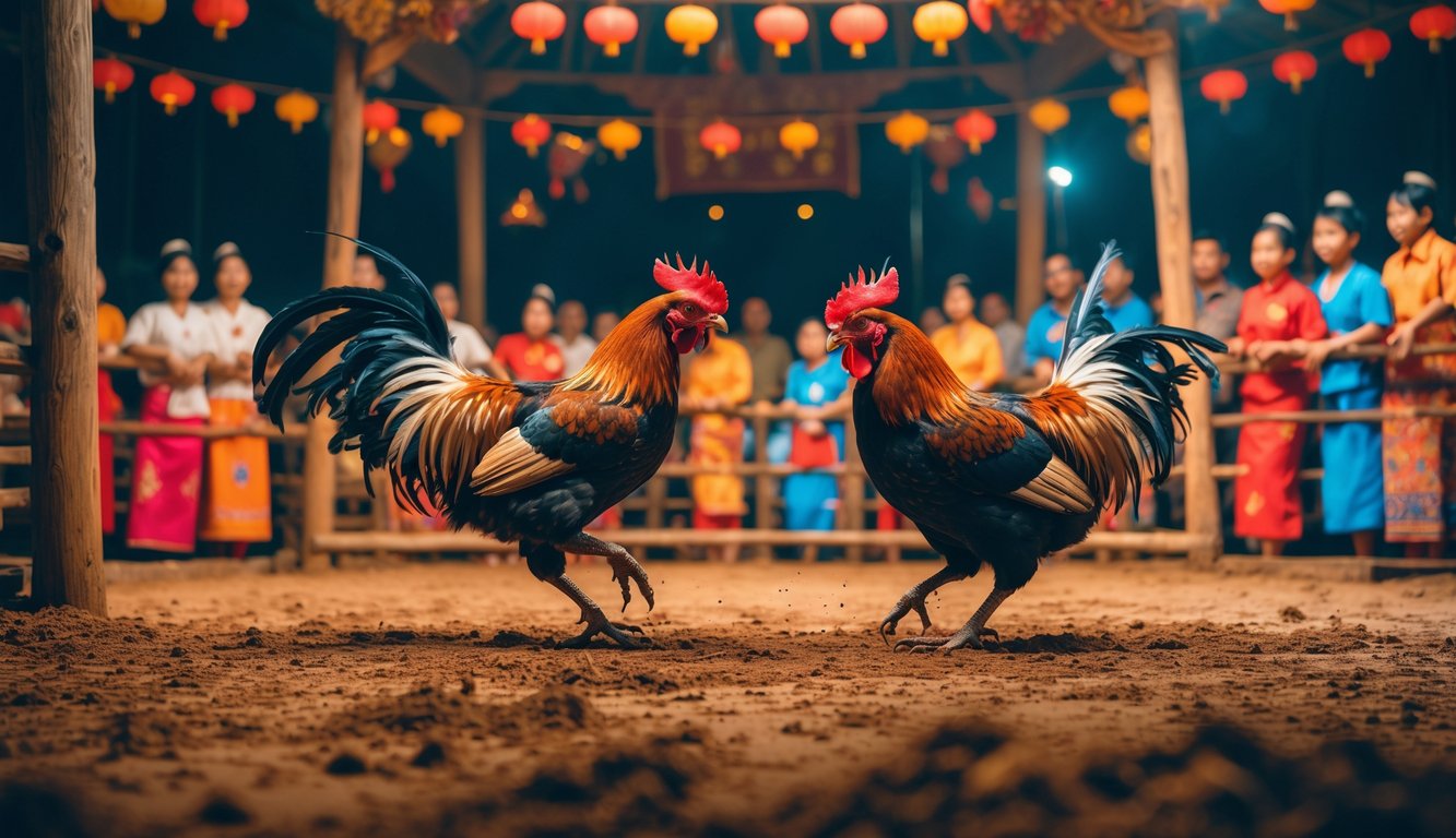 Dua ayam jago bertarung di arena sabung ayam tradisional dengan penonton mengenakan pakaian adat di sekelilingnya.