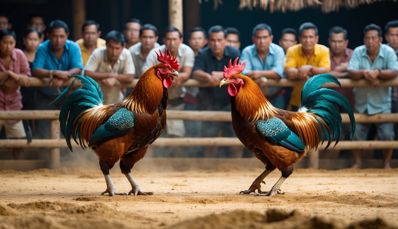 Dua ayam petarung di arena sabung dengan penonton yang memperhatikan di sekelilingnya.