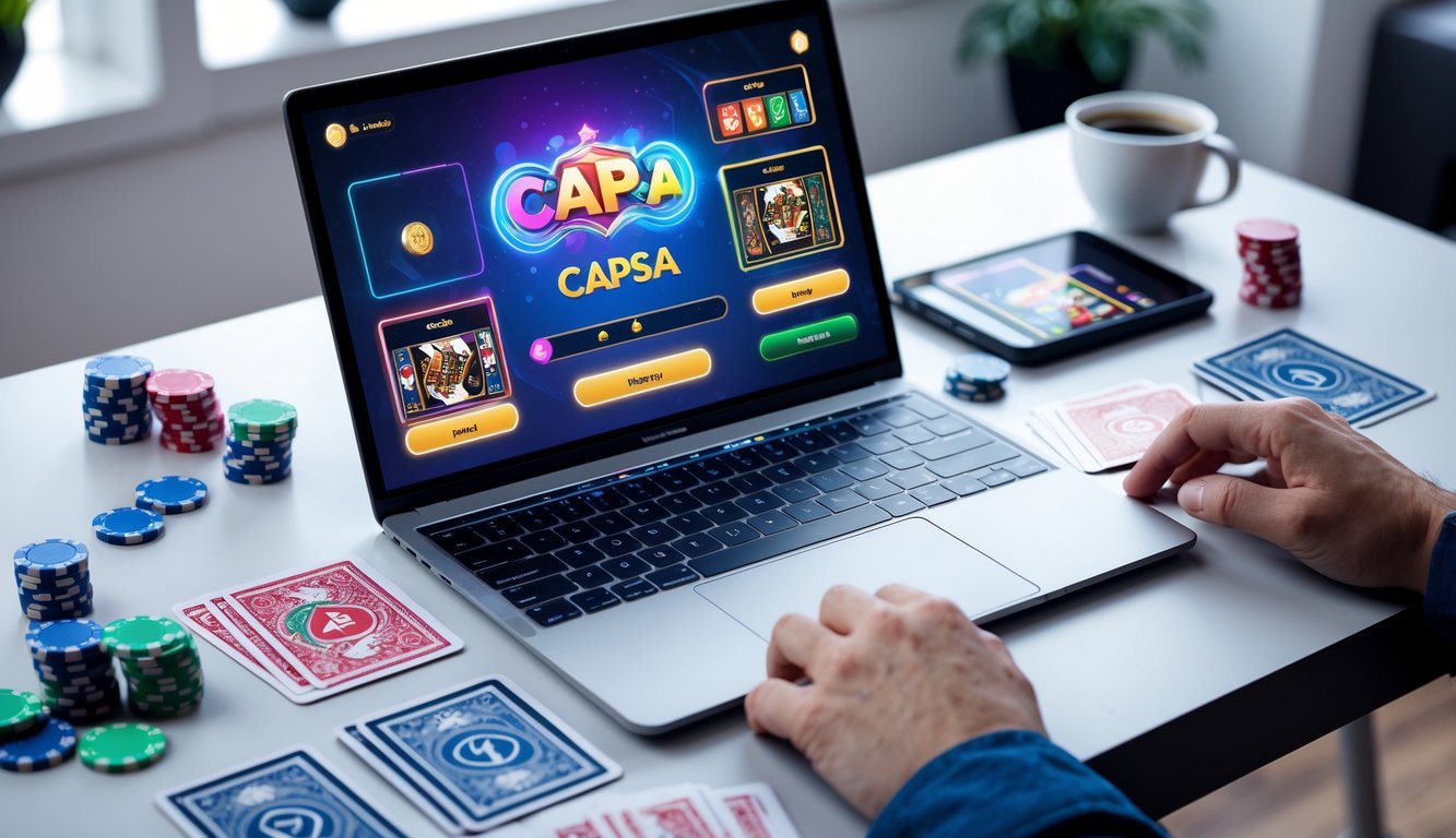 Seorang pemain sedang bermain Capsa online di depan laptop dengan kartu dan chip poker di meja.