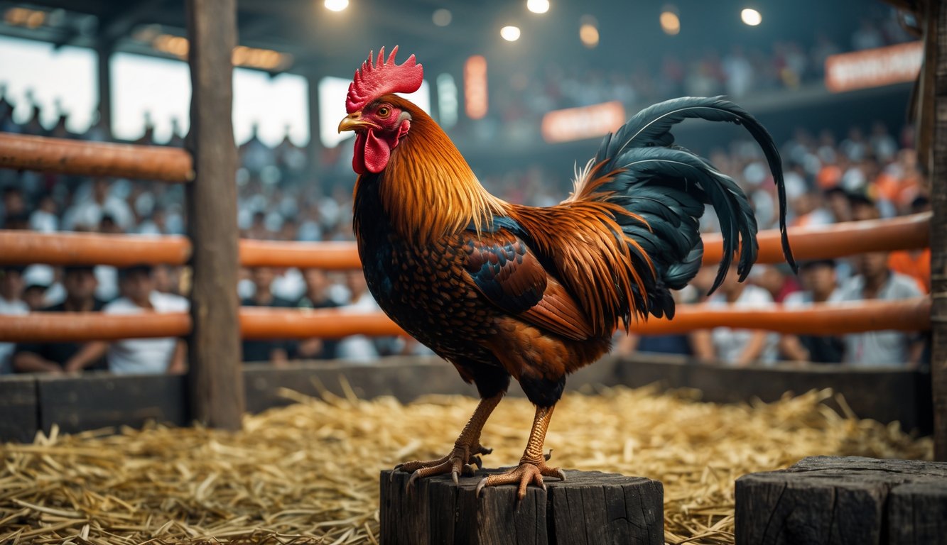 Seekor ayam petarung berdiri di arena sabung dengan latar belakang penonton dan pagar kayu.