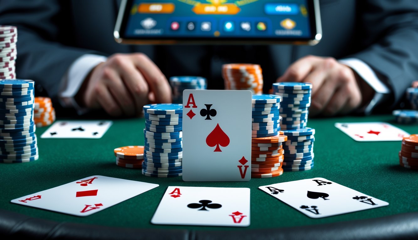 Tampilan dekat meja poker dengan kartu yang disusun rapi, tumpukan chip, dan perangkat digital yang menampilkan permainan Capsa online di latar belakang.