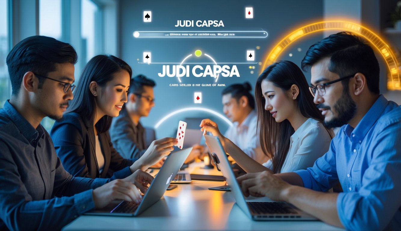 Beberapa orang sedang bermain permainan kartu secara online dengan ekspresi serius dan fokus di ruangan modern.