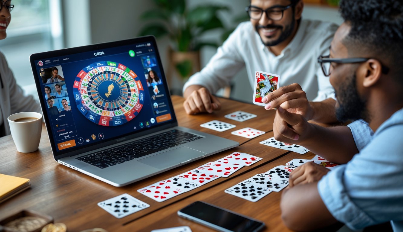 Beberapa orang bermain permainan kartu Capsa online di depan laptop di meja kayu dengan kartu dan alat tulis di sekitar.