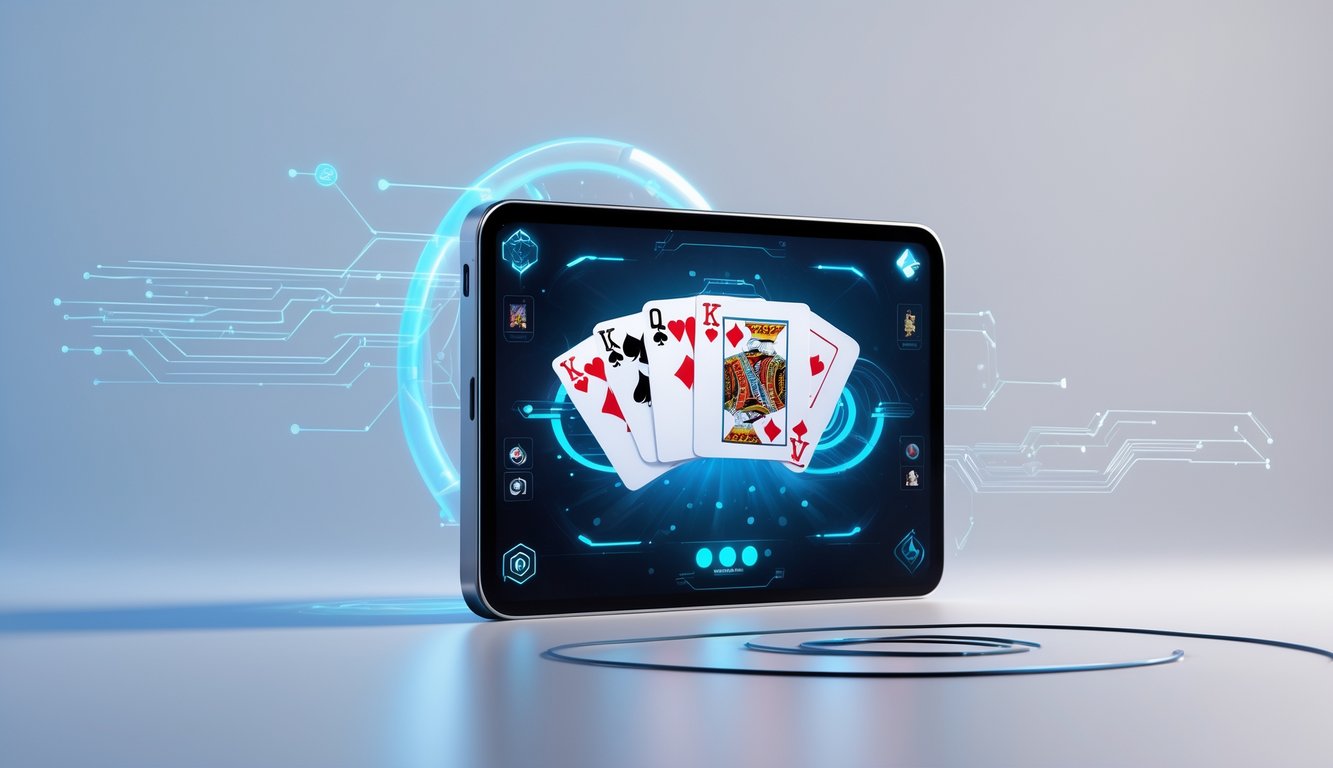 Seseorang bermain permainan kartu digital di perangkat layar sentuh dengan latar belakang teknologi modern.