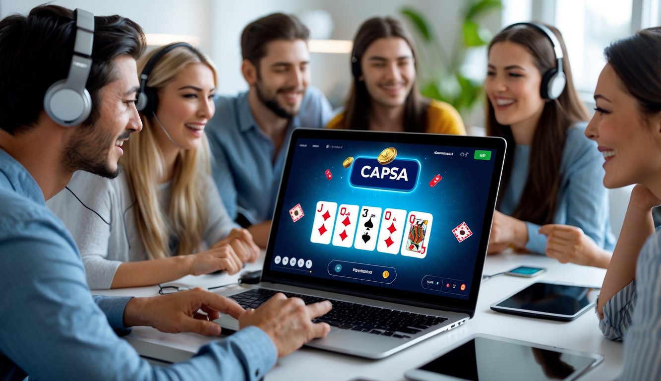 Sekelompok orang muda sedang bermain Capsa online bersama di depan komputer dengan suasana interaktif dan antusias.