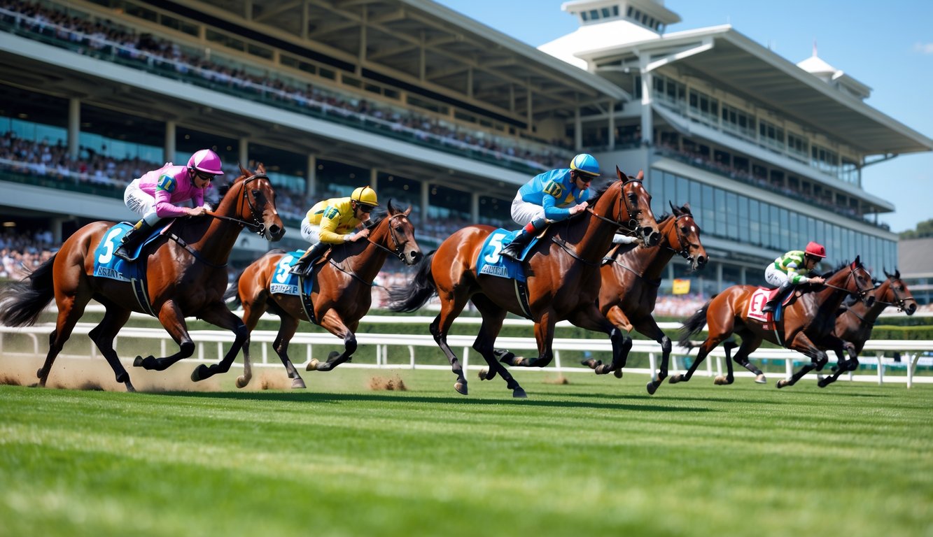 Beberapa kuda pacuan dengan joki berwarna-warni sedang berlari kencang di arena pacuan yang ramai dengan penonton.