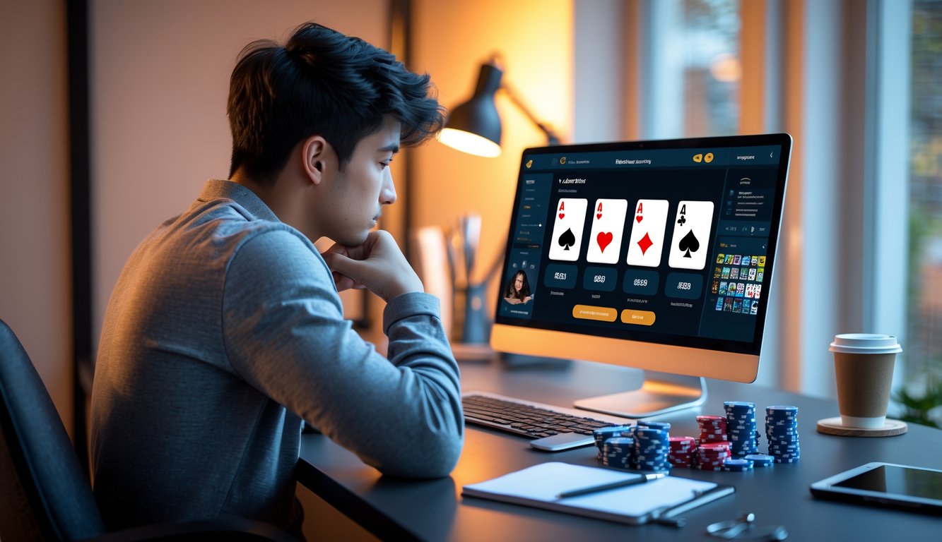 Seorang dewasa muda duduk di meja dengan laptop yang menampilkan permainan poker online, mengamati kartu dan chip poker di depan mereka.