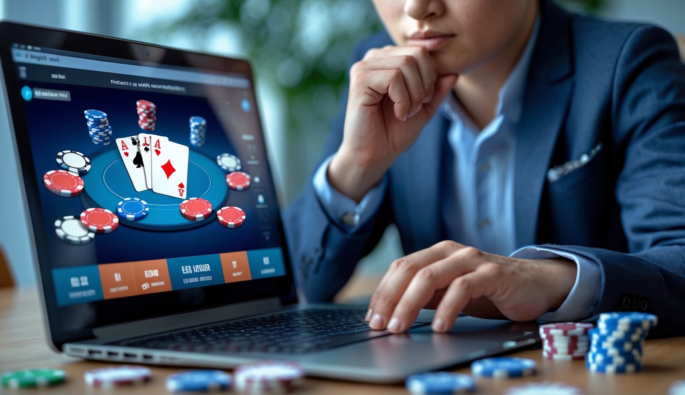 Seorang pemain yang fokus melihat layar laptop dengan permainan poker digital yang menampilkan kartu dan chip poker.