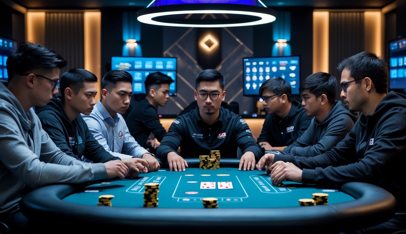 Beberapa pemain poker online sedang fokus bermain di meja poker dengan layar digital dan chip, menunjukkan suasana kompetisi yang serius dan menegangkan.