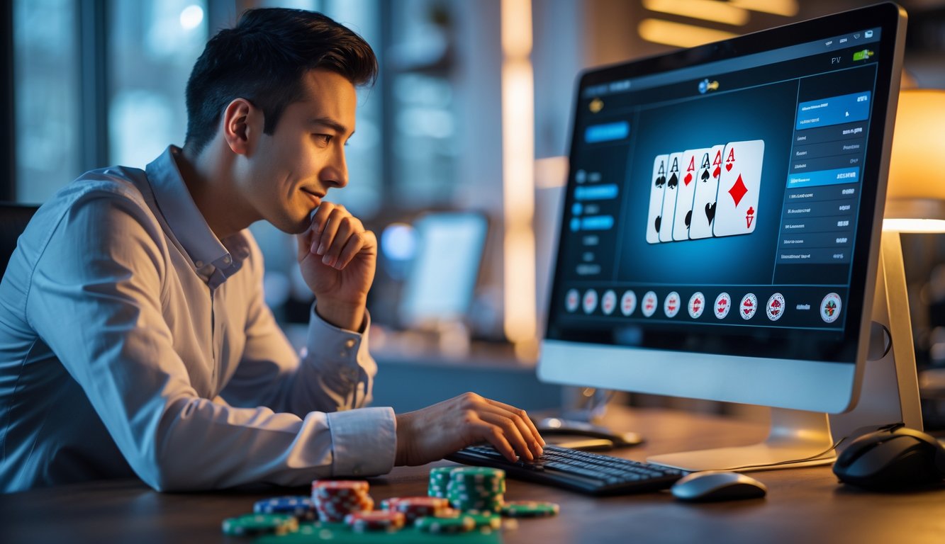 Seorang individu fokus bermain poker online di depan komputer dengan tumpukan chip dan kartu di meja.