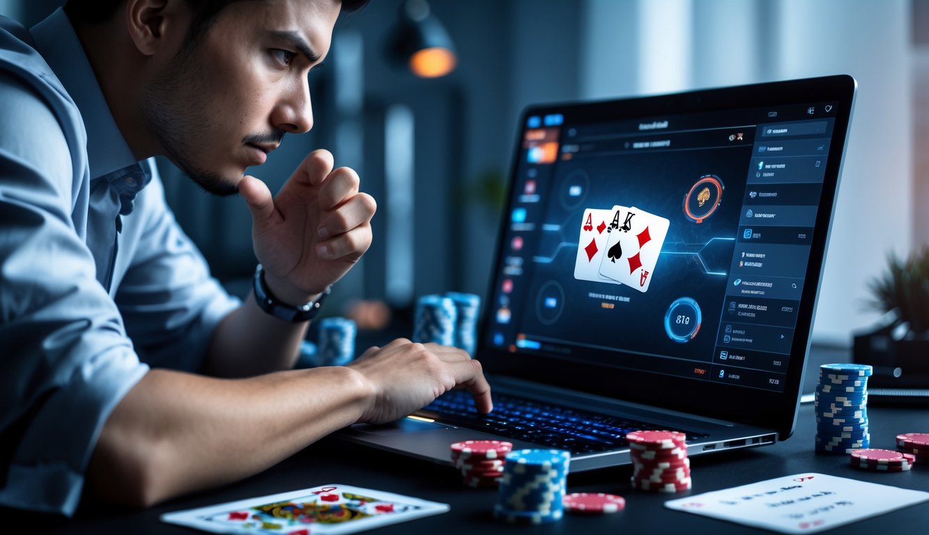 Seorang pria fokus bermain poker online di laptop dengan chip dan kartu poker di meja, di ruang kerja modern.