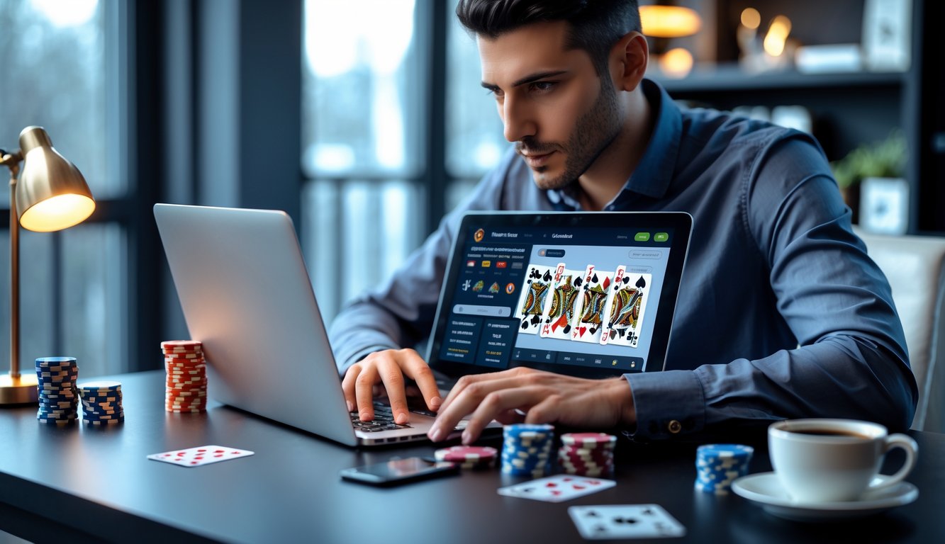 Seorang pria fokus bermain poker online di depan laptop dengan kartu dan chip poker di meja.