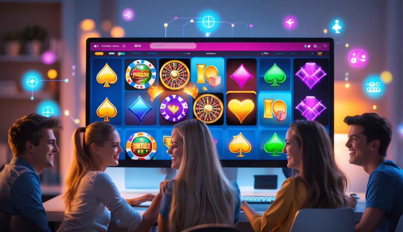 Seorang kelompok orang muda sedang menikmati permainan judi online di depan komputer dengan tampilan permainan kasino digital yang berwarna-warni.