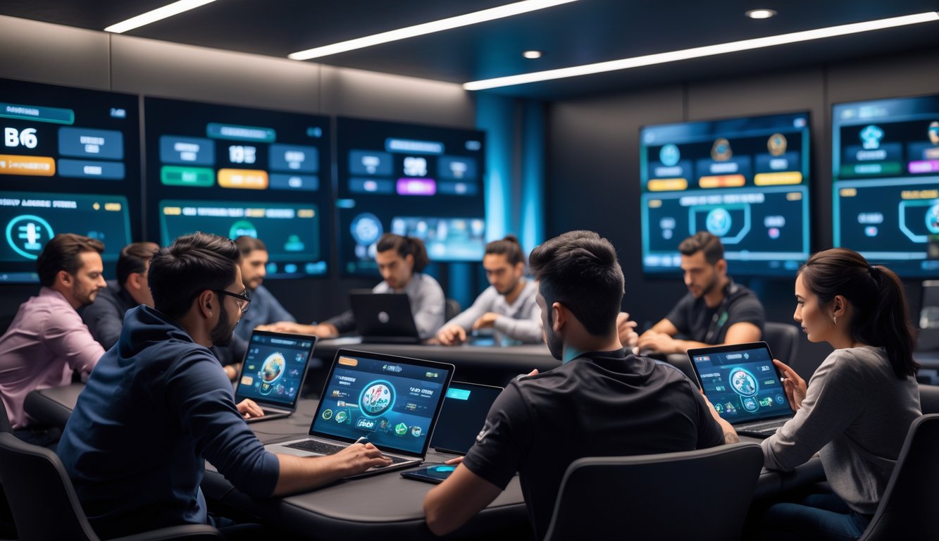 Beberapa orang dari berbagai latar belakang sedang bermain poker online bersama di ruangan modern dengan layar digital yang menampilkan permainan poker.