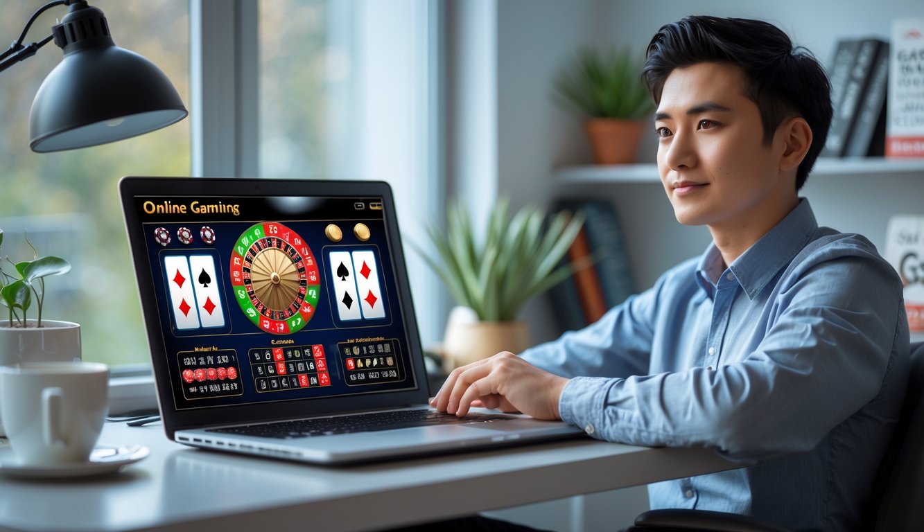 Seorang dewasa muda duduk di meja kerja dengan laptop yang menampilkan permainan judi online, di ruang yang terang dengan tanaman dan cangkir kopi di dekatnya.