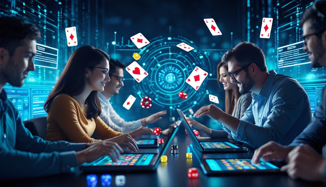 Sekelompok orang menggunakan perangkat digital untuk bermain judi online dengan latar belakang elemen teknologi dan simbol keberuntungan seperti kartu dan dadu.