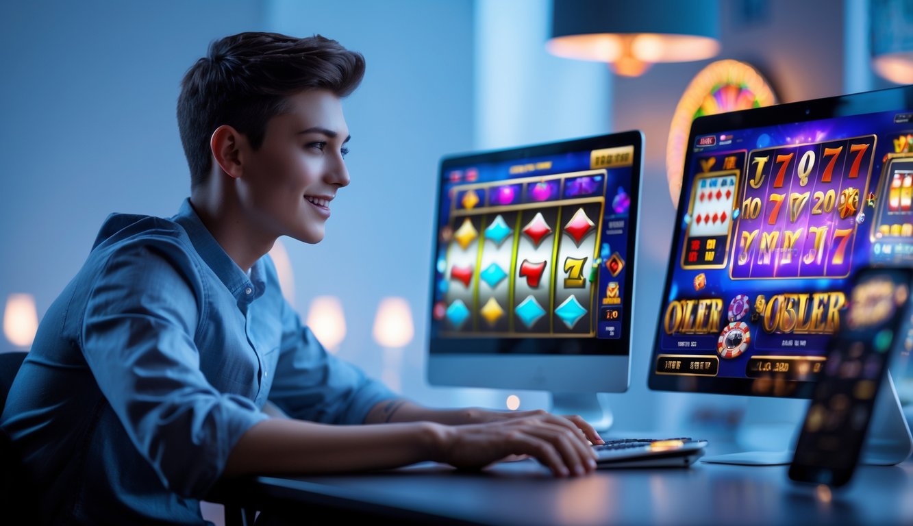 Seorang dewasa muda fokus bermain judi online menggunakan laptop dan ponsel di meja modern dengan pencahayaan yang nyaman.