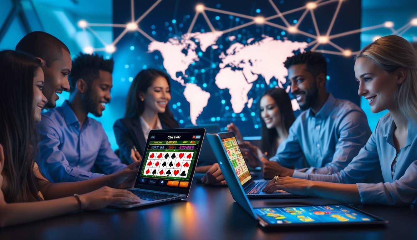 Sekelompok orang beragam menggunakan perangkat digital untuk bermain judi online dengan latar peta dunia yang menunjukkan koneksi global.