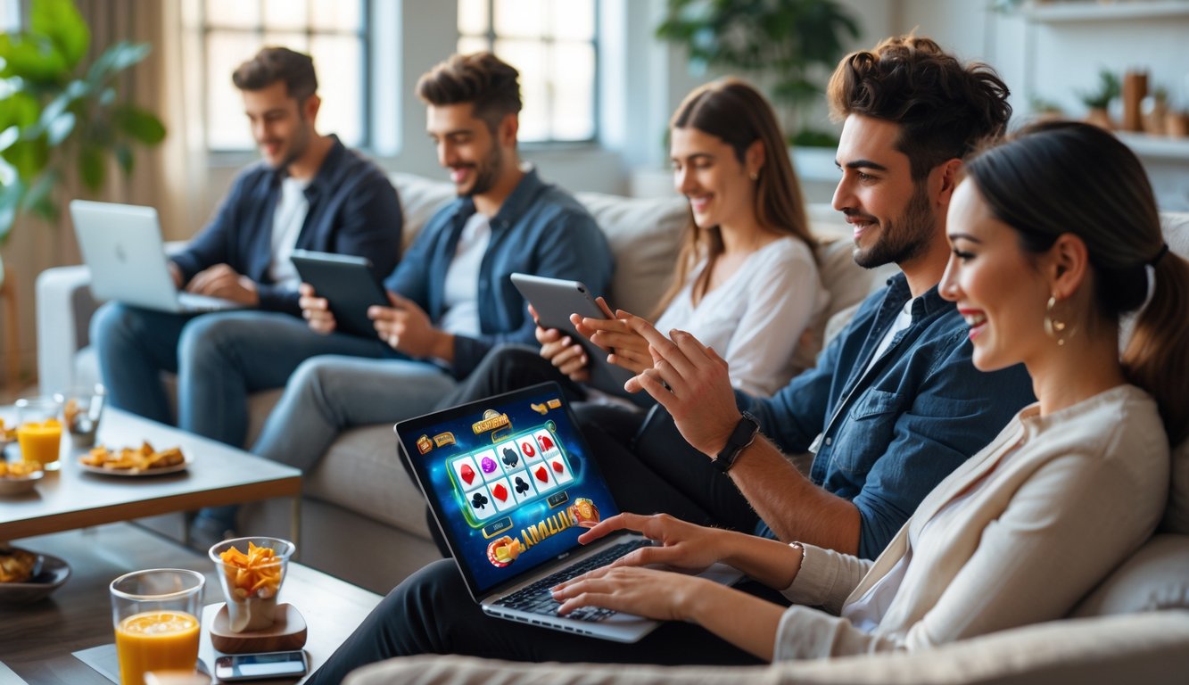 Sekelompok orang muda bermain permainan judi online di ruang tamu yang nyaman dengan perangkat elektronik.