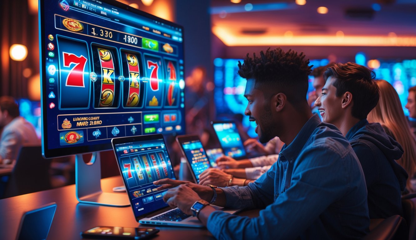 Sekelompok orang muda bermain permainan judi online dengan perangkat digital di ruangan modern yang terang.