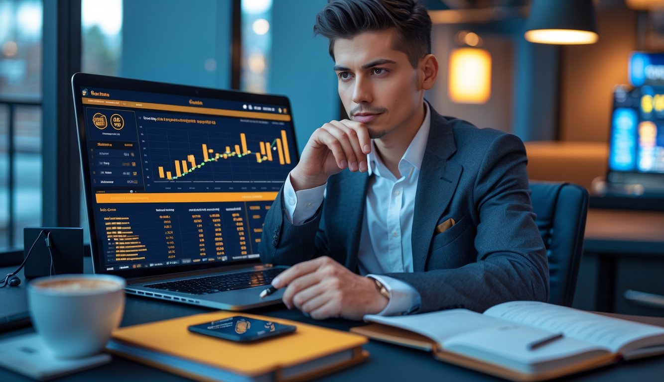 Seseorang yang fokus duduk di depan laptop dengan tampilan permainan judi online dan catatan strategi di meja kerja.