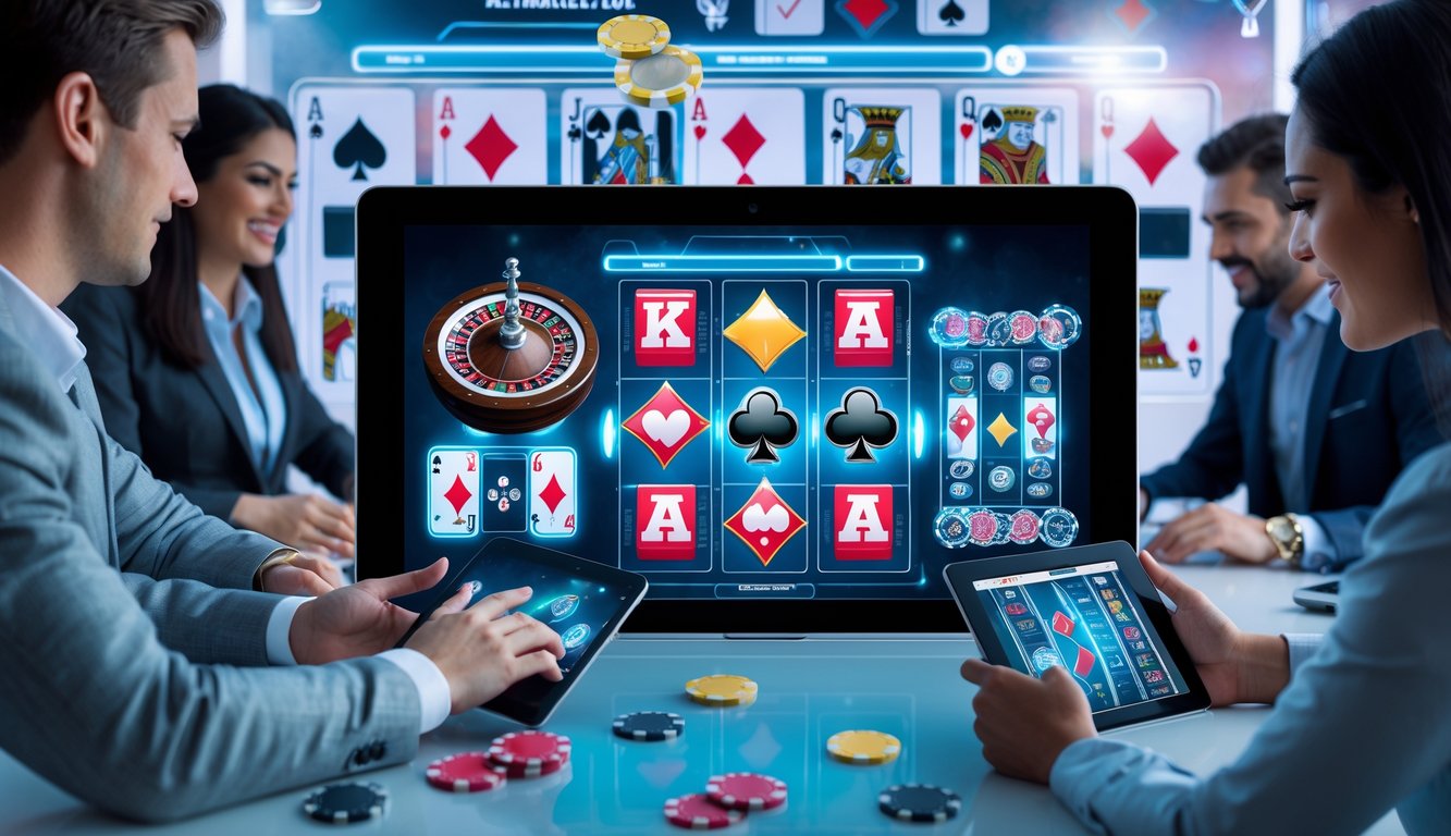 Orang-orang menggunakan perangkat digital untuk bermain judi online dengan latar belakang elemen permainan judi tradisional yang menyatu dengan teknologi modern.