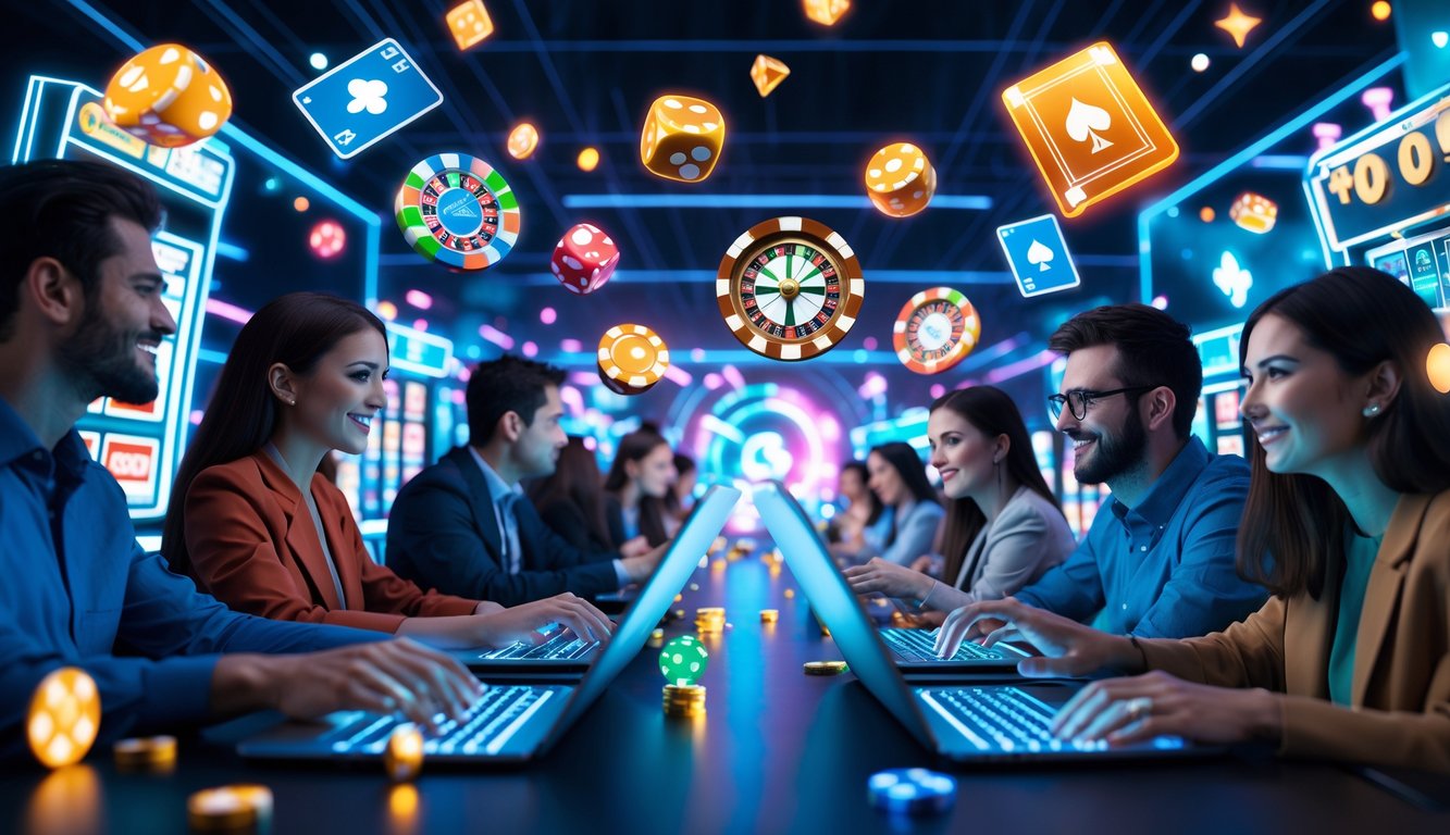 Beberapa orang bermain berbagai permainan judi online di perangkat digital dalam suasana virtual yang penuh warna dan dinamis.