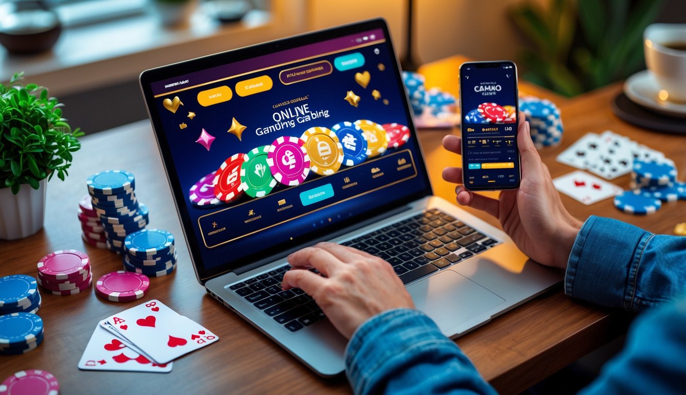 Seseorang bermain judi online di laptop dengan chip poker dan kartu di meja, di ruang kerja yang nyaman dengan pencahayaan hangat.