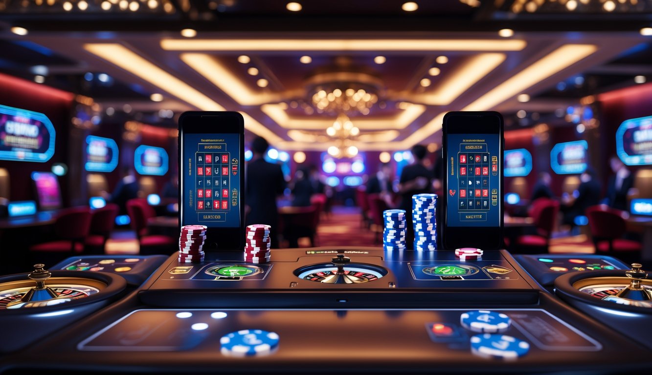 Suasana kasino modern dengan layar digital menampilkan permainan kartu dan roda roulette, serta orang-orang bermain di latar belakang.