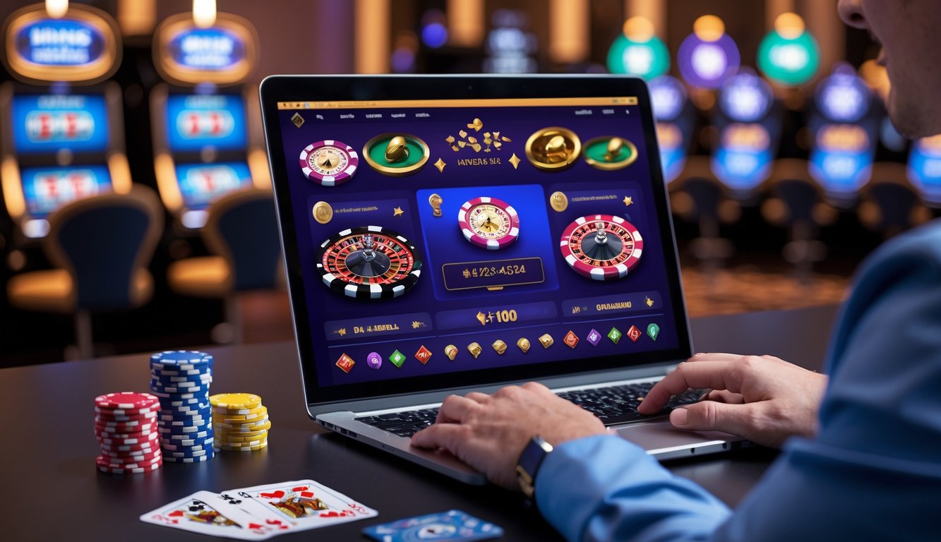 Seseorang sedang bermain taruhan kasino online secara real-time menggunakan laptop dengan latar belakang suasana kasino.