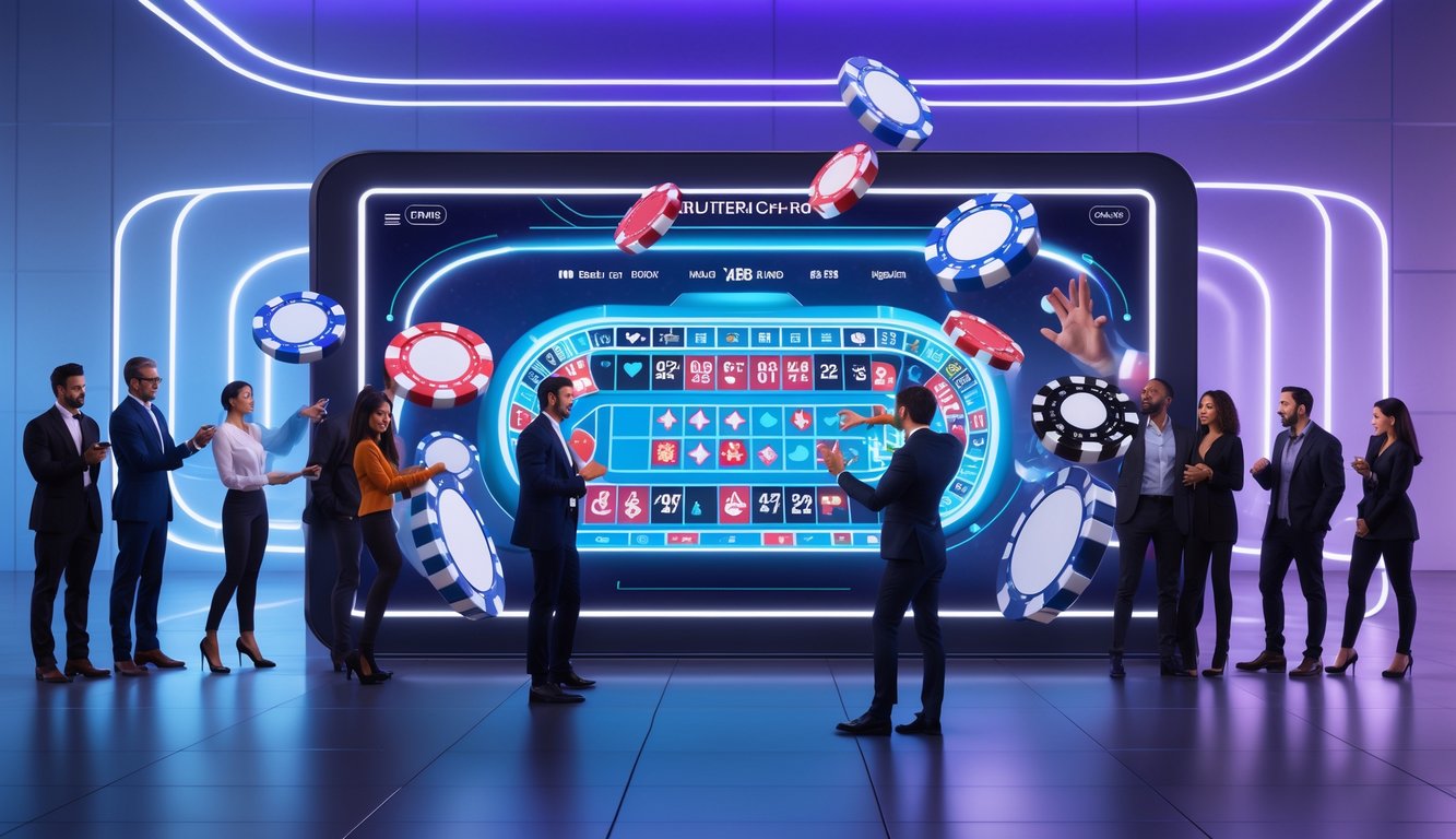 Seorang kelompok orang berinteraksi dengan antarmuka digital yang menampilkan permainan meja kasino klasik dalam suasana futuristik.