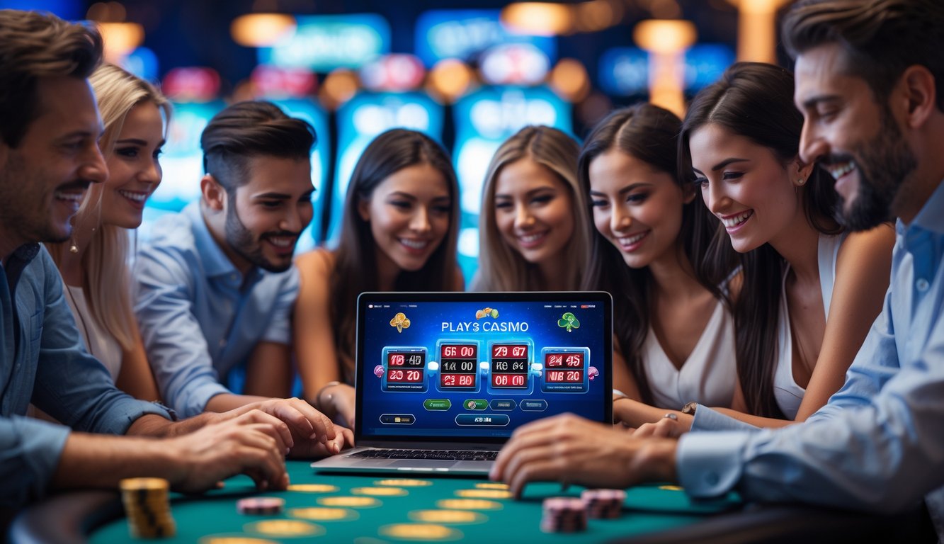 Sekelompok orang sedang bermain permainan kasino online dengan laptop dan ponsel, tampak fokus dan senang.