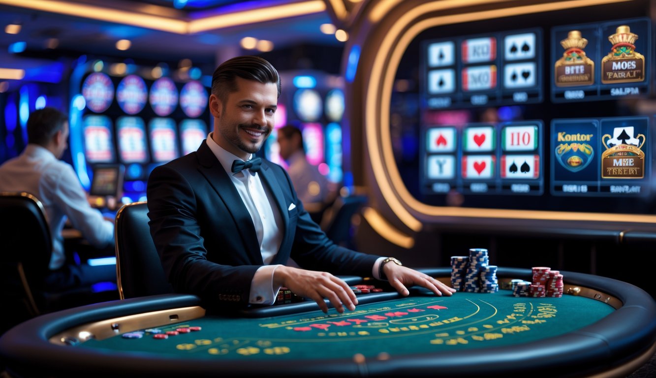 Seorang dealer kasino profesional sedang bermain dengan pemain dalam suasana kasino online yang modern dan mewah.