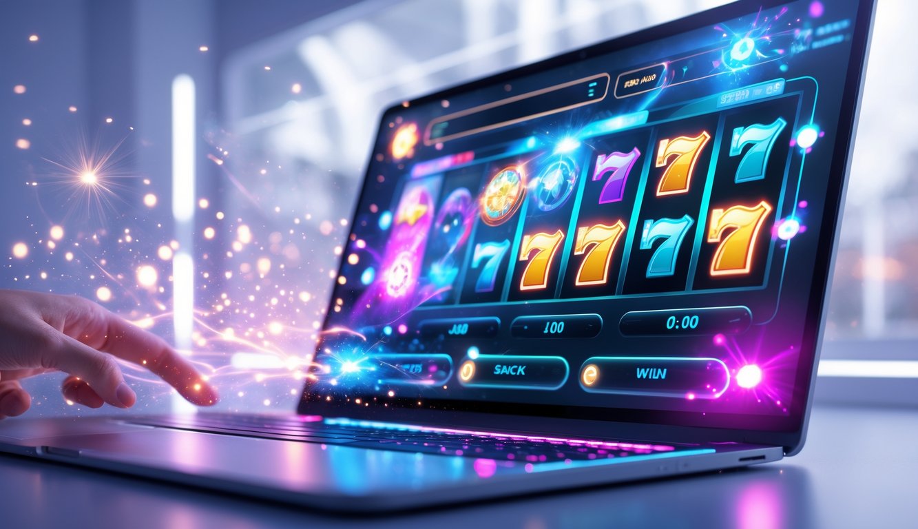 Layar perangkat digital menampilkan permainan slot online dengan gulungan berputar dan efek cahaya yang berkilauan.