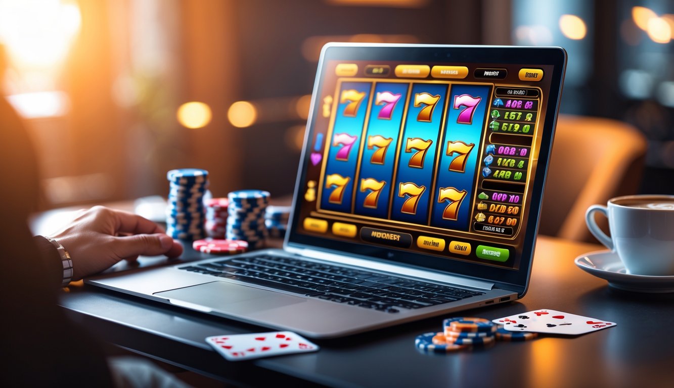 Seseorang sedang bermain game slot online di laptop dengan simbol warna-warni dan chip poker di meja.