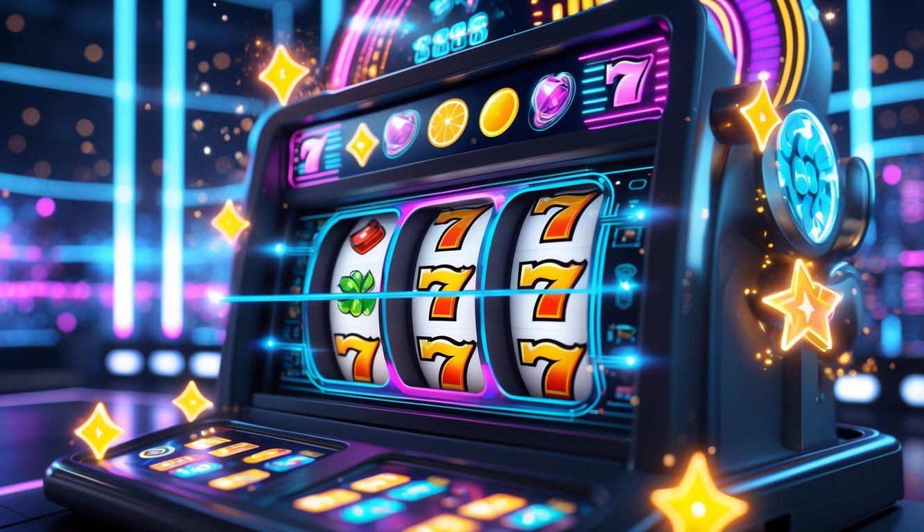 Tampilan mesin slot online dengan efek visual berwarna-warni dan latar belakang futuristik.