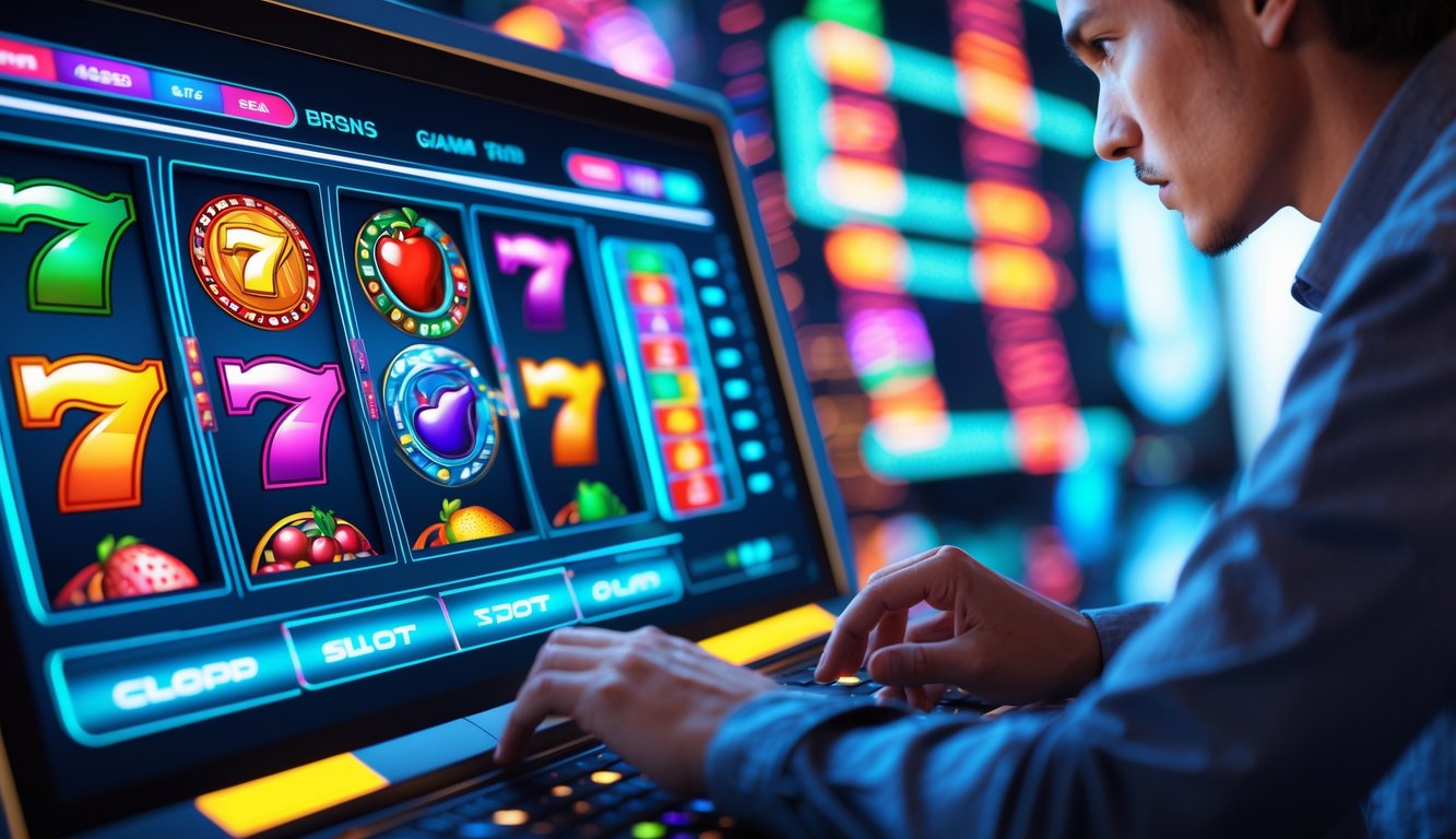 Seseorang sedang menggunakan perangkat layar sentuh untuk menganalisis pola di permainan slot online dengan latar belakang elemen teknologi dan grafik data.