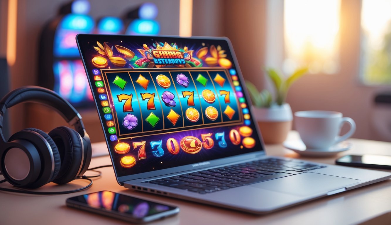 Seseorang sedang menggunakan laptop dengan tampilan permainan slot online yang berwarna-warni di layar.