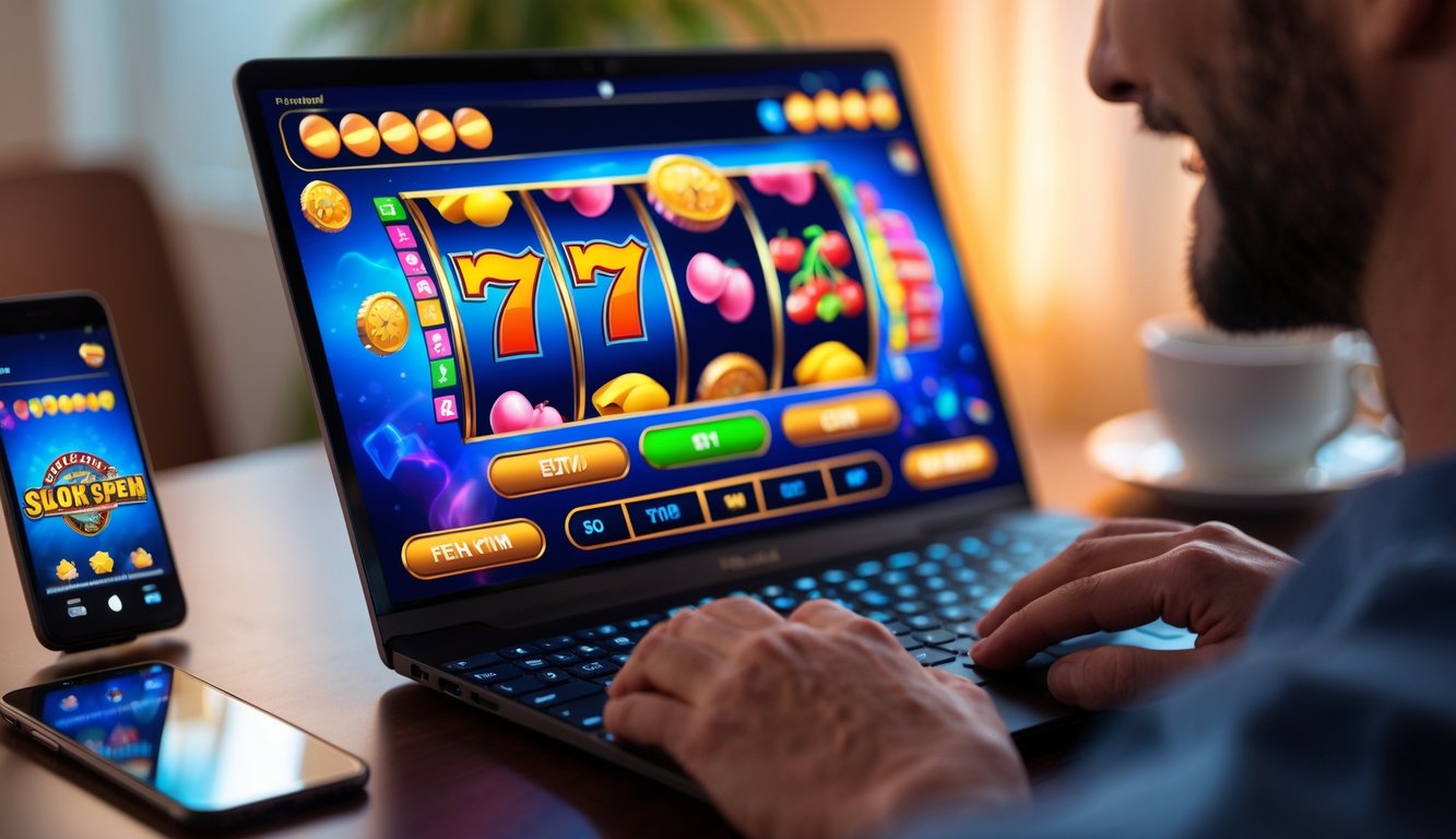 Seorang pemain fokus menggunakan komputer dengan layar menampilkan permainan slot online yang berwarna-warni dan penuh animasi, di meja terdapat ponsel dan cangkir minuman.