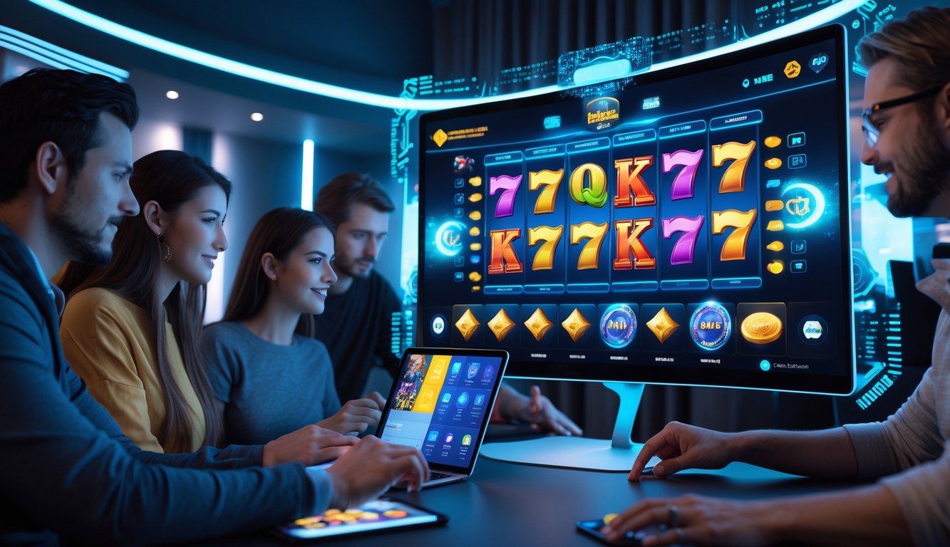 Orang-orang yang sedang bermain permainan slot online di perangkat digital dengan latar belakang ruangan permainan modern dan pencahayaan neon.