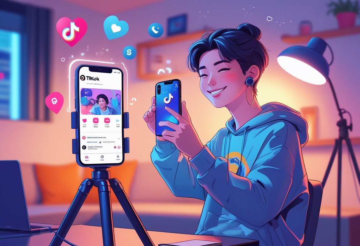 A person setting up a smartphone on a tripod to start a live video on TikTok, surrounded by streaming icons and lighting equipment.