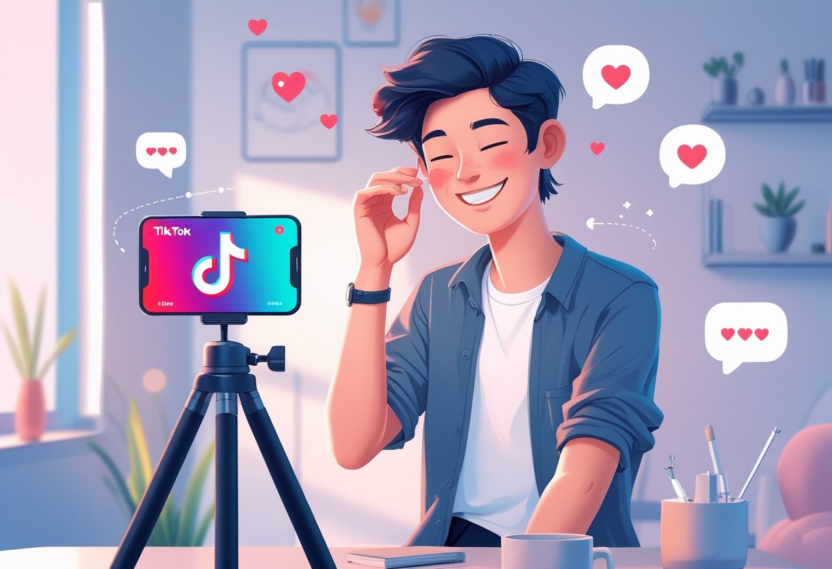 A person setting up a smartphone on a tripod in a cozy room, preparing to start a live stream on TikTok with floating icons representing live interaction.