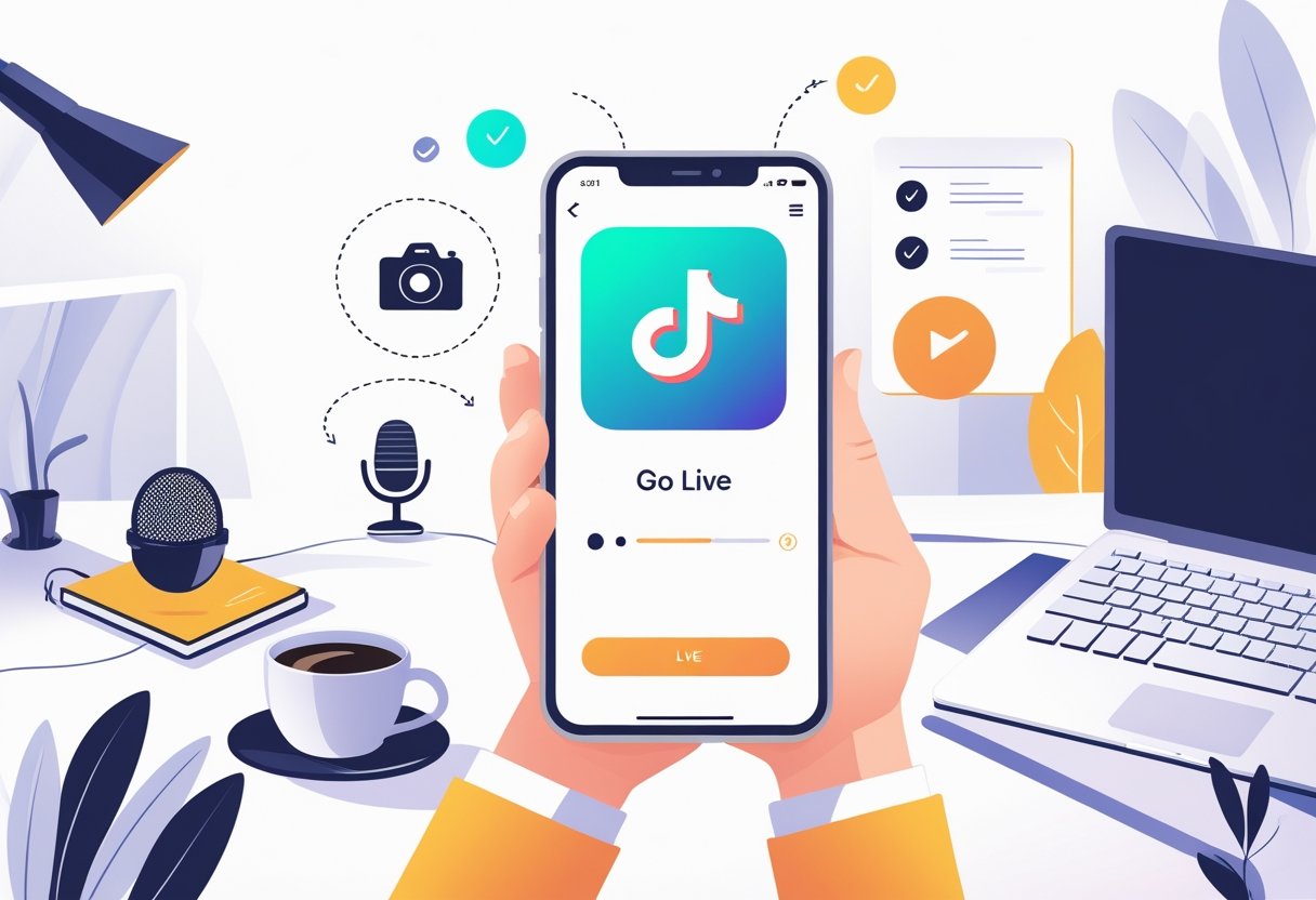 A person holding a smartphone displaying the TikTok app with the live streaming feature highlighted, surrounded by icons representing camera, microphone, and live broadcast, on a clean workspace background.