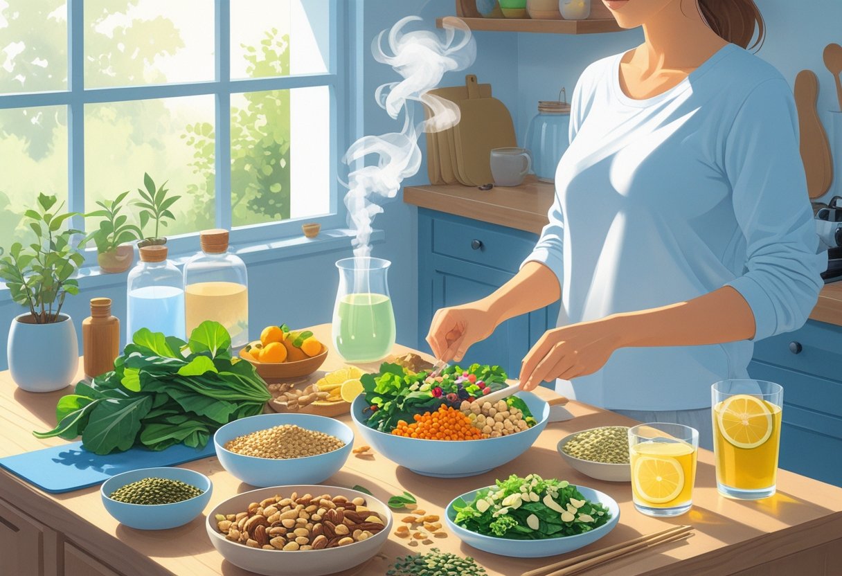 A person preparing a healthy meal with fresh fruits, vegetables, and natural supplements in a cozy kitchen, surrounded by items representing holistic self-care.